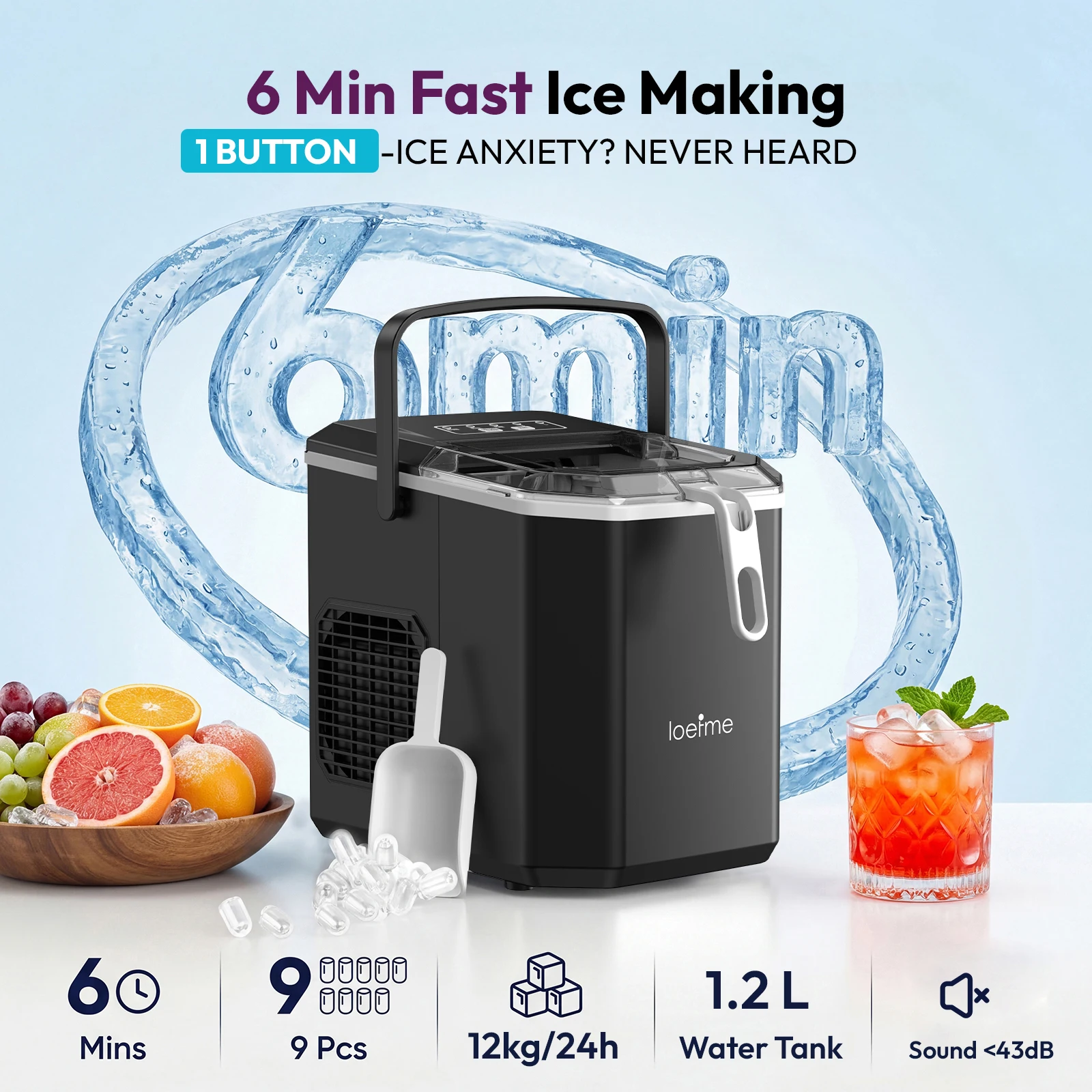 LOEFME Ice Maker Machine, Portable Countertop with Self-Cleaning, 9 Cubes in 6 Mins, for Home/Office, Energy-Efficient&Low Noise