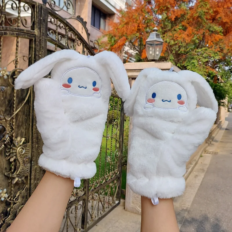 Kawaii Sanrio Clamshell Gloves Cinnamoroll Soft Plush Cute Thickened Warm Dew Fingers Warm Hands Autumn Love Girls Children Gift