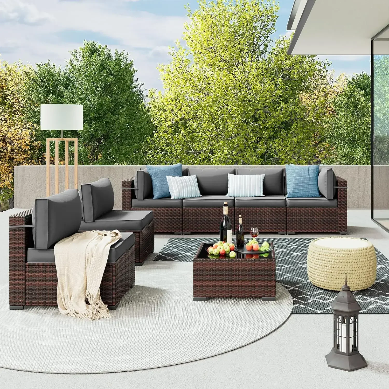 

Sofa Set with Glass Table and Cushions, Wicker Patio Conversation Set for Outdoor Indoor Backyard Lawn Garden Porch (Grey)