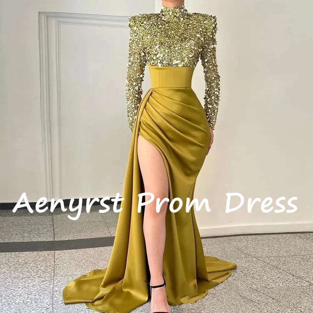 Aenyrst Shiny Sequined Long Sleeves Evening Dresses Mermaid Side Split High Collar Prom Gowns Floor Length Women Celebrate Dress