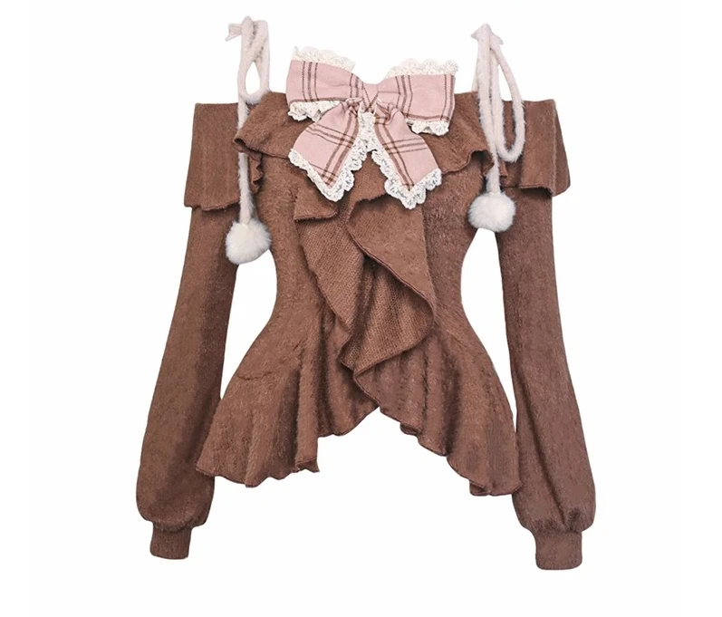 New Korean Retro Y2k Plaid High Waist A-line Lace Cake Mini Skirt Girl Autumn Winter Sweet Cute Bow Artificial Animal Hair Top