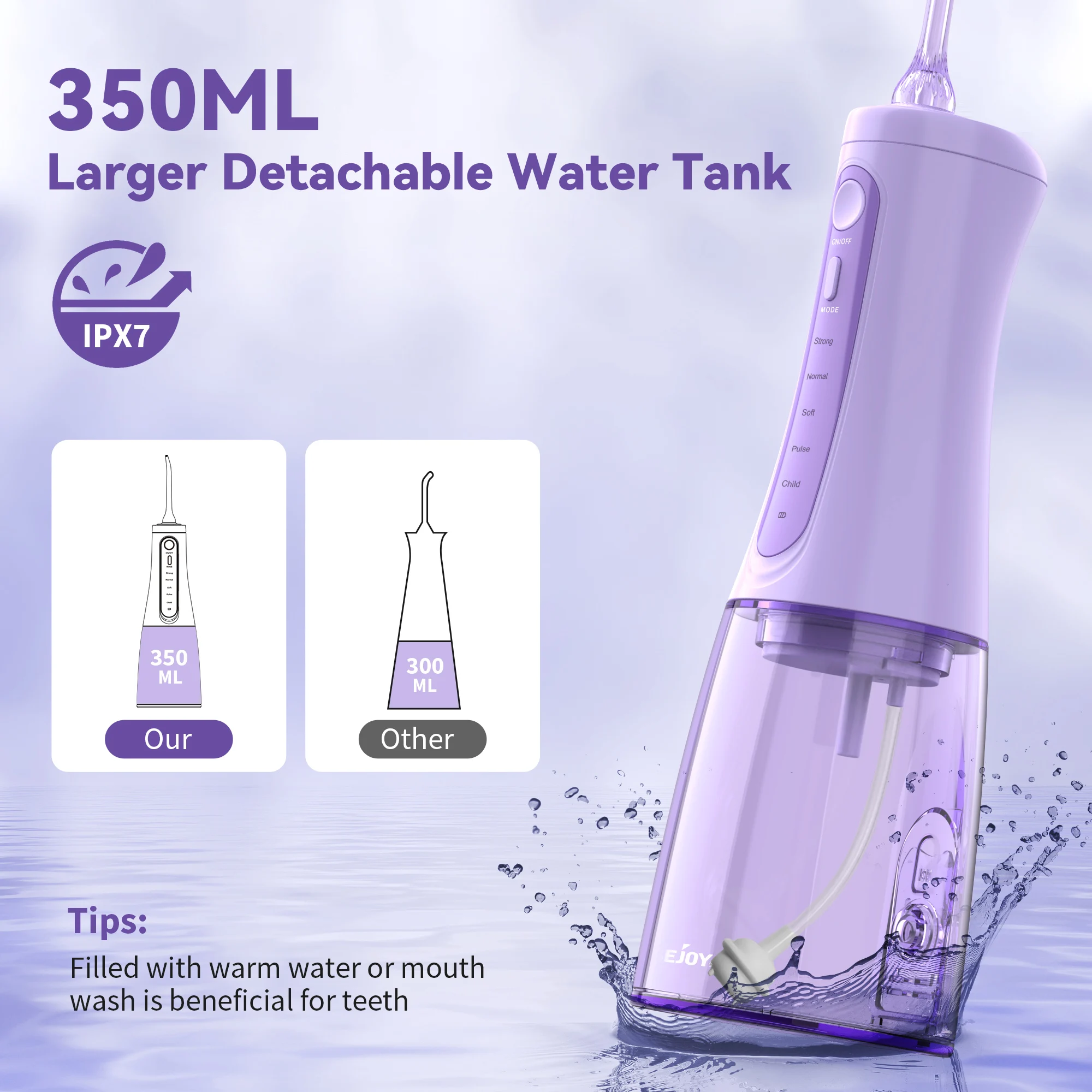 Dental Water Flosser Teeth Pick Oral Irrigator 5 Modes 6 Replaceable Jet Tips 350ml Tank for Teeth Cleaning,Purple