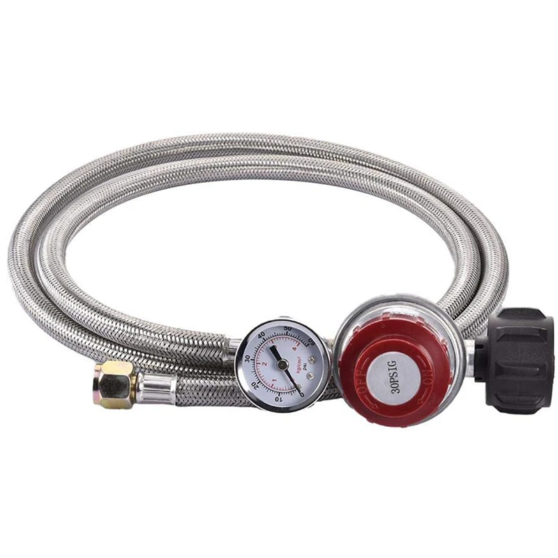 0-30 Psi Propane Regulator High Pressure Gas Regulator Adjustable Braided 3/8 Inch Flare Swivel Nut Hose Connector With Gauge Fo