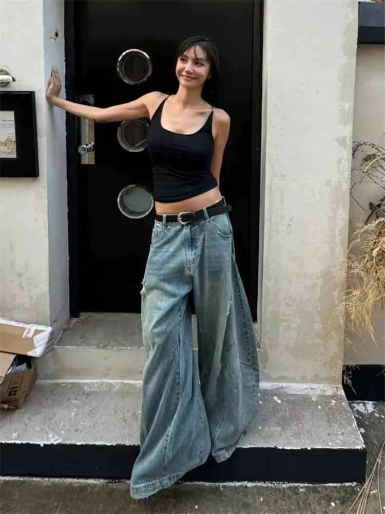 

American Retro Banana Shaped Denim Jeans Women's Loose Slimming Design Tall Extended Floor Length Knife Pants