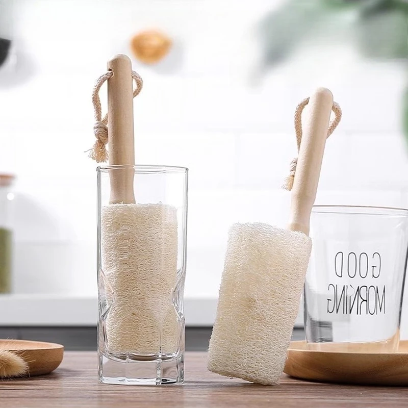 

Wooden Handle Natural Loofah Bottle Brush Long Handle Cup Cleaner Eco-Friendly Glass Cup Cleaning Brush Hanging Design