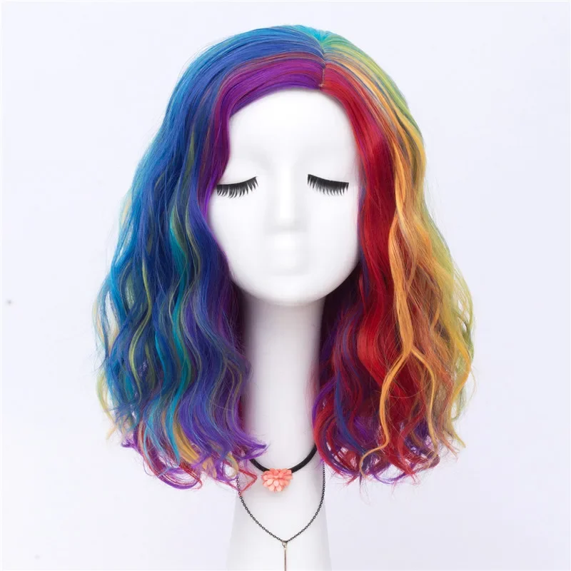 

VICWIG синтетические волосы короткий парик женский разноцветный вышитый градиент изогнутый черный и белый синий розовый парик для косплея