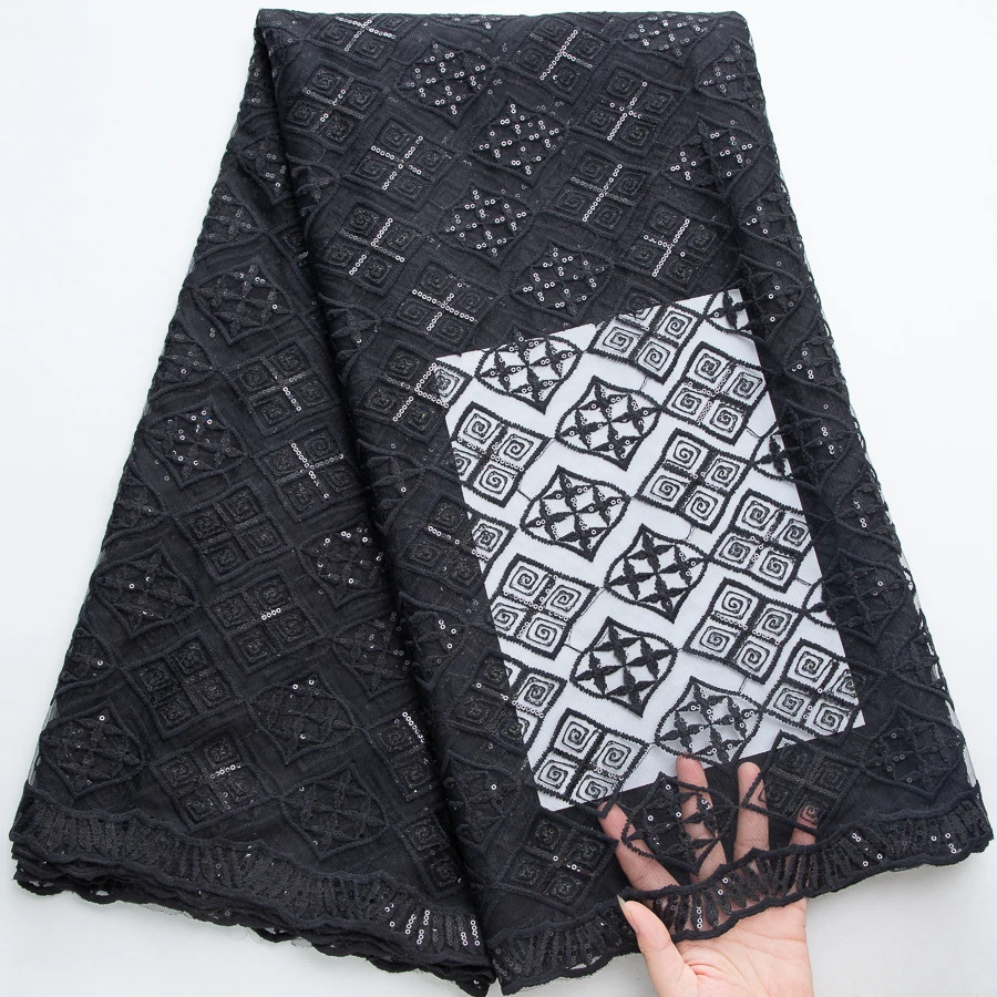 Luxuriöser nigerianischer schwarzer Mesh-Spitzenstoff – bestickte französische Netzspitze mit Pailletten für Hochzeits- und Partykleider S4479