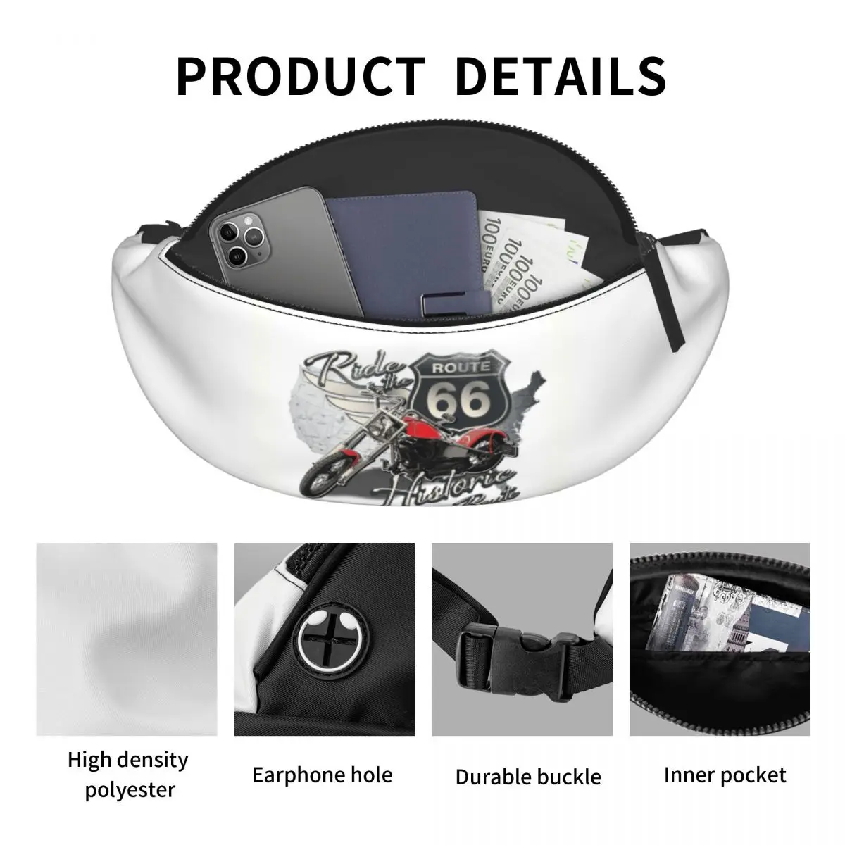 Custom Travel Motorcycle Ride Route 66 Fanny Pack for Women Men Cool Crossbody Waist Bag Cycling Camping Phone Money Pouch