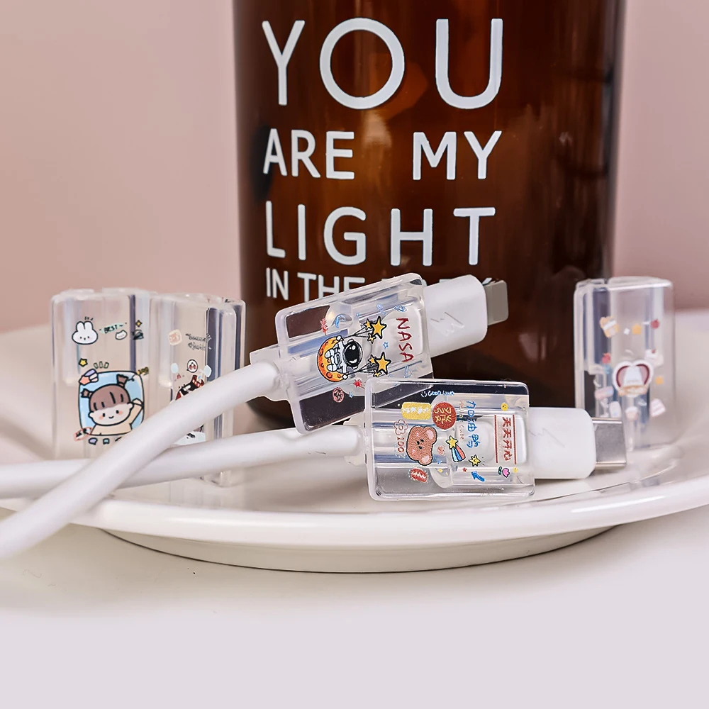 Cartoon Transparent Fixed Clip For Apple iPhone Charging Cable Winder Soft TPU Protective Cover USB Cord Protector Holder Clips