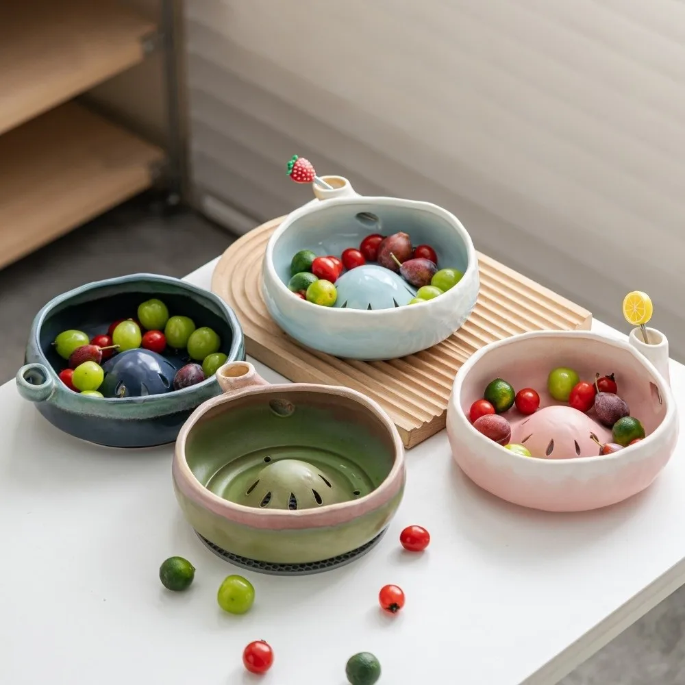 Ceramic Berry Swirl Bowl Automatic Rotating Self Spinning Berry Washing Bowl Drainage Hole 360° Vortex Fruit Rinse Bowl