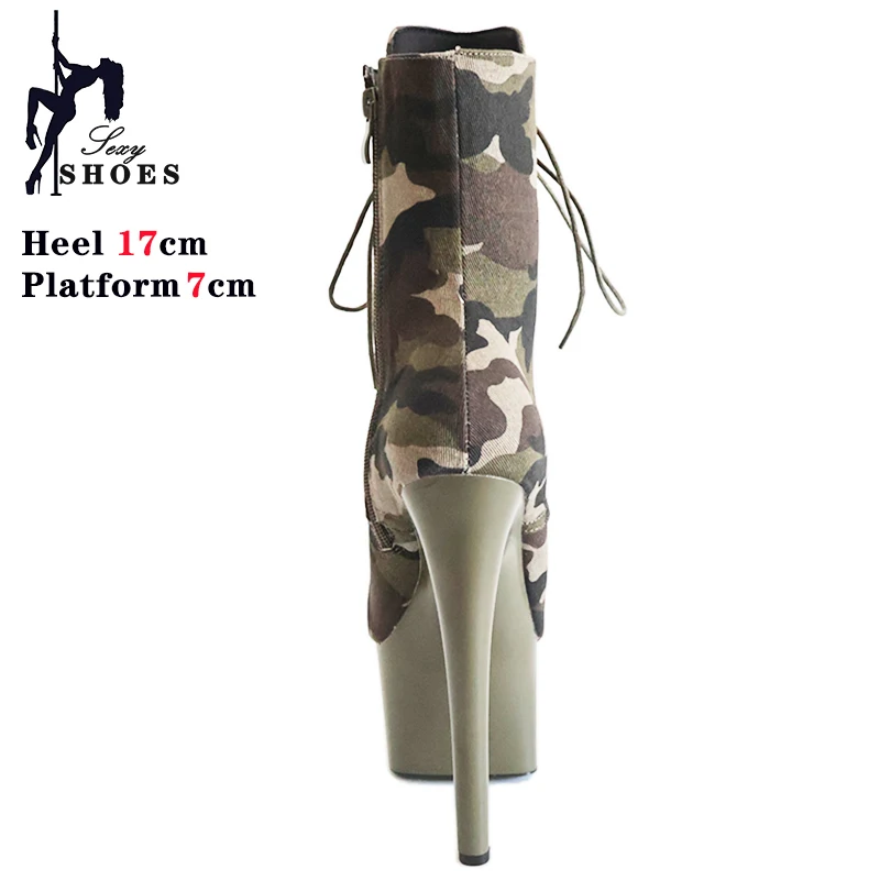 17cm/7 Polegada super alta boate plataforma tiras camuflagem botas de tornozelo feminino sexy dedo do pé redondo pólo dança botas curtas stripper