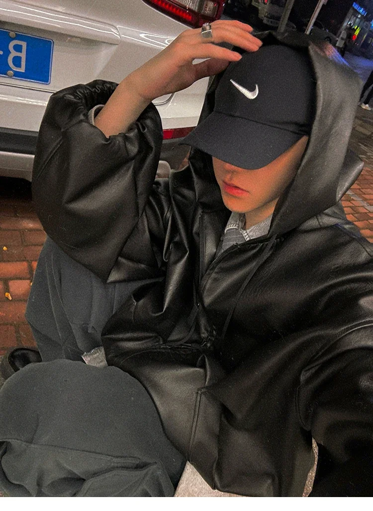 Frühling Herbst Kurze Übergroße Schwarze Weiche PU-Lederjacke für Männer mit Kapuze Reißverschluss Locker Lässig Koreanische Modekleidung – Detail 28