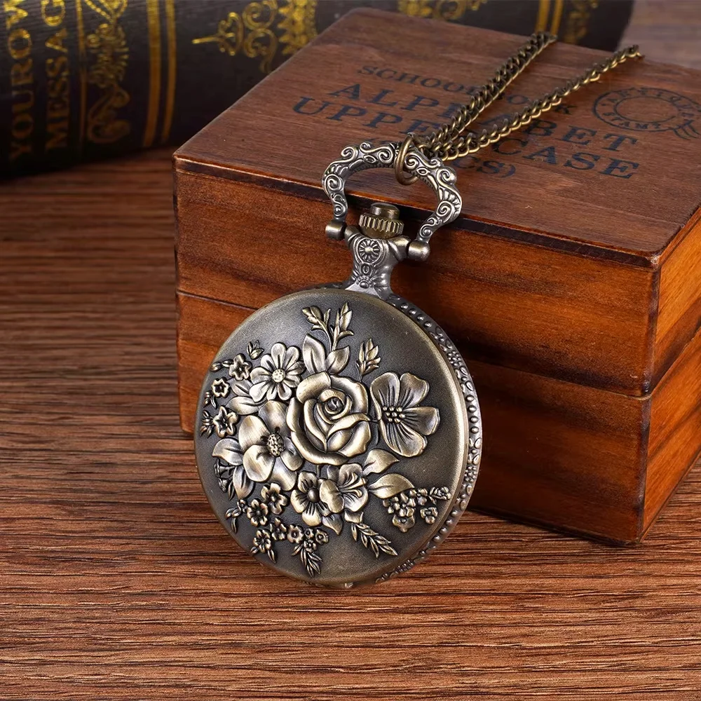 Necklace pendant watch Vintage bronzer blossom pocket watch Large quartz pocket watch