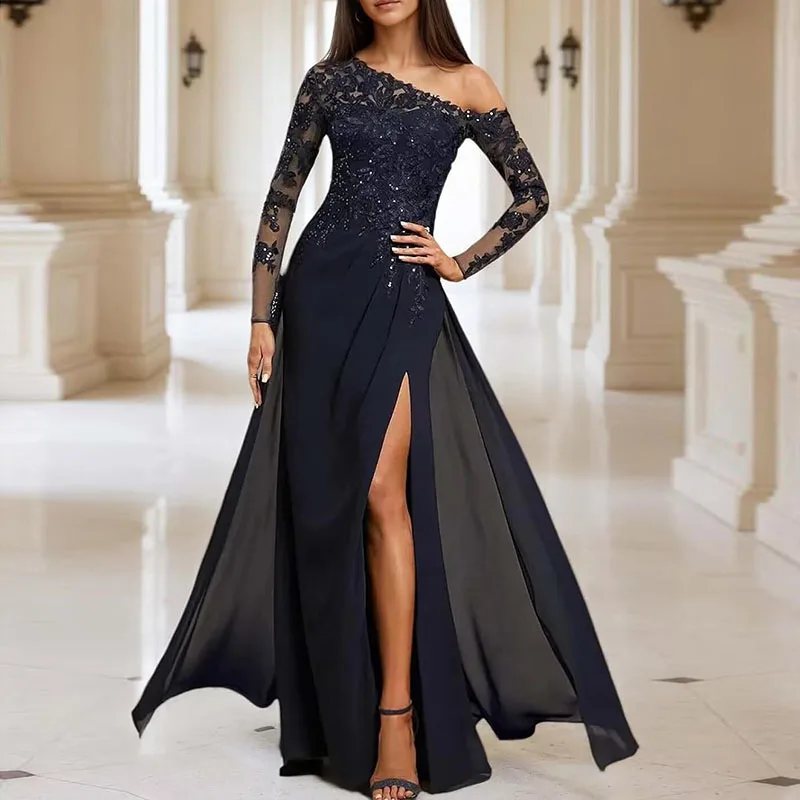 

Customized One Shoulder Chiffon Lace Mother Of the Bride Groom Dress for Wedding Long Sleeves Formal Evening Party Gowns Manmuxi