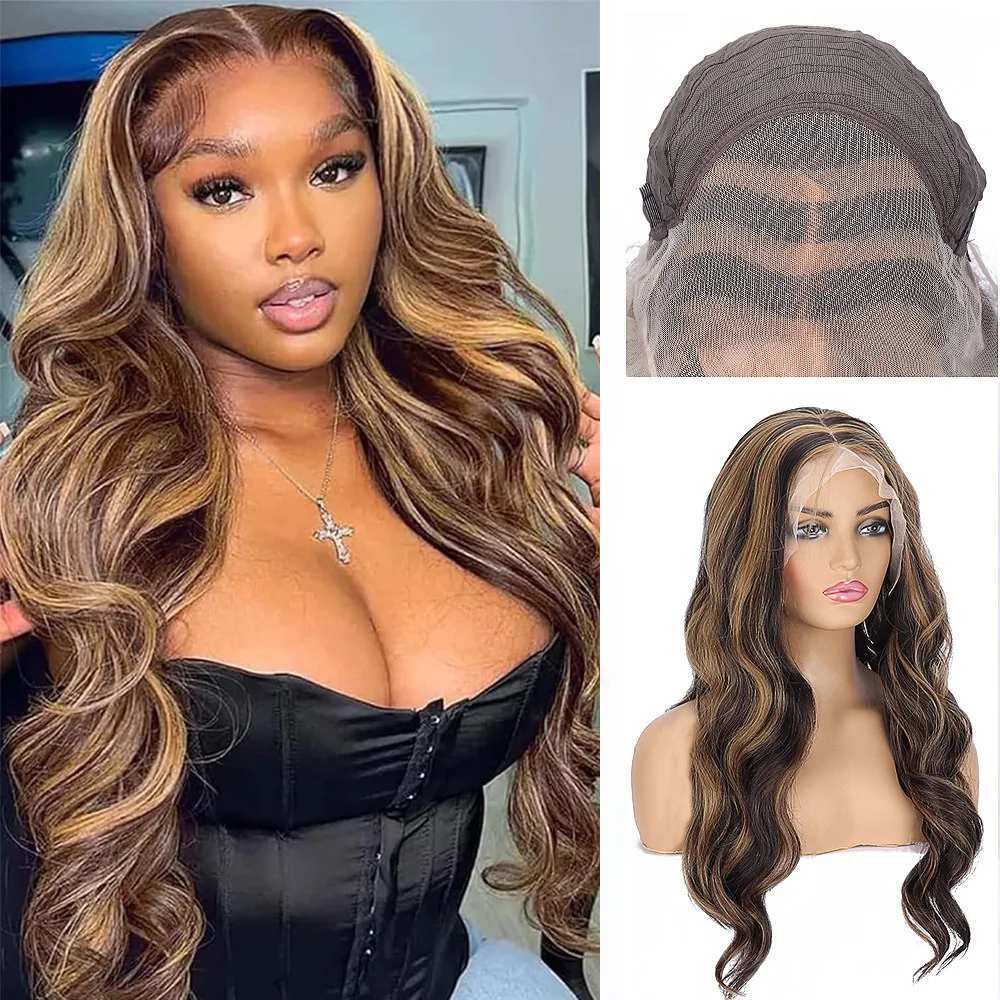 Evidenziare P4/27 13x4 onda del corpo HD trasparente parrucche anteriori in pizzo capelli sintetici Ombre miele biondo onda del corpo parrucche frontali in pizzo