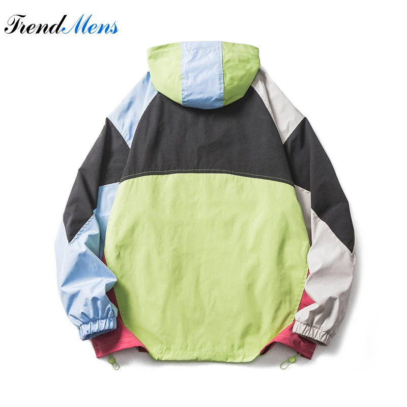 Multi Panel Color Contrast Jacket Men's Hooded Zipper Waterproof Jacket Couple Street Casual Fashion Loose Top Spring and Autumn