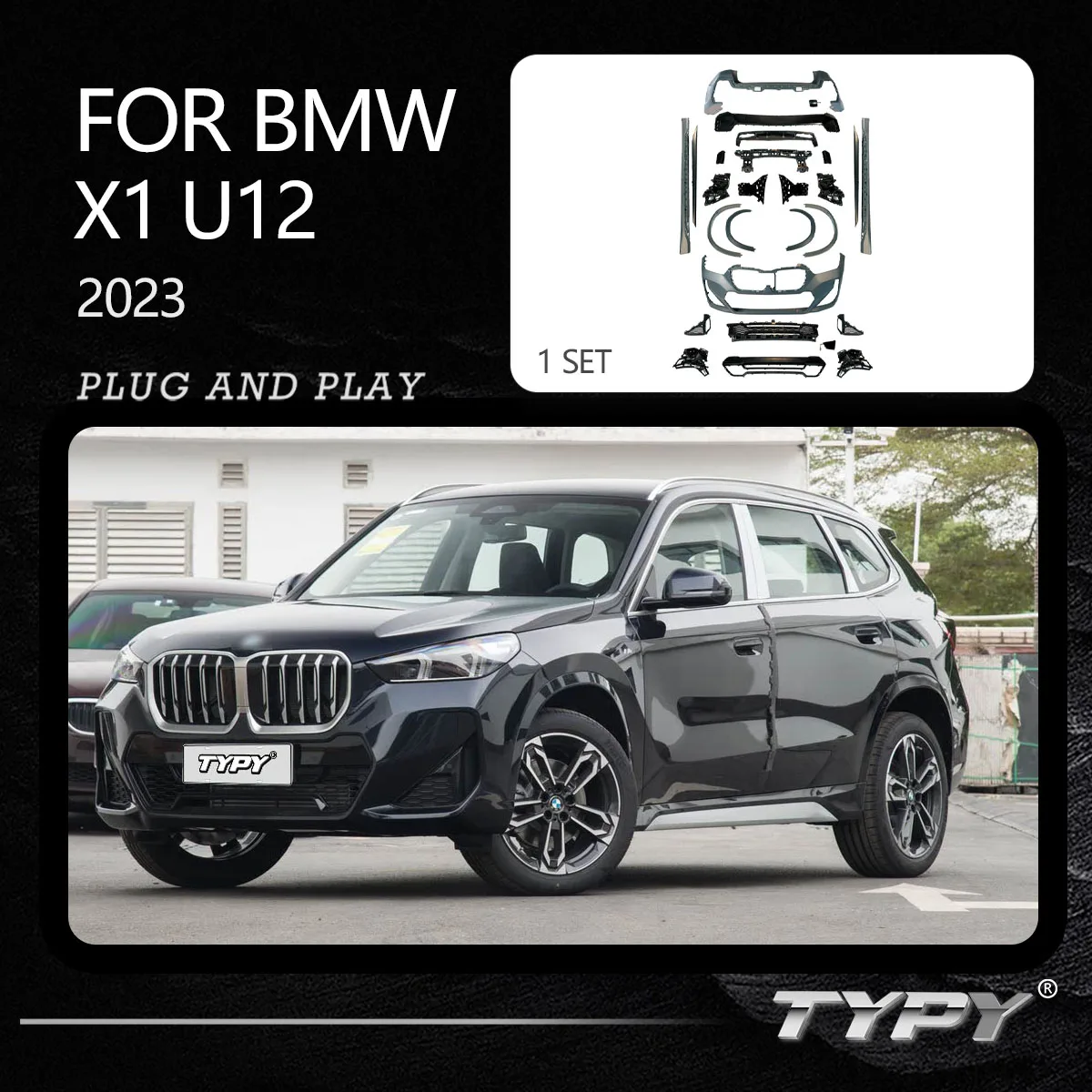 

TYPY Car For BMW X1 U11 U12 Body Kit 2023-2023 Old to New Front Bumper with Tow Hook Cut-Outs and Included Clips X1 MT BODYKIT