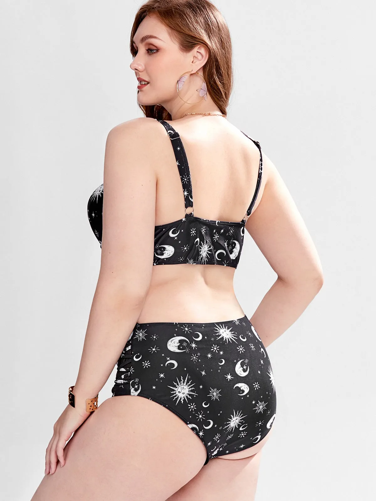 ROSEGAL プラスサイズ レディース アンダーワイヤー クロス サンムーン プリント ハイウエスト タンキニ 水着