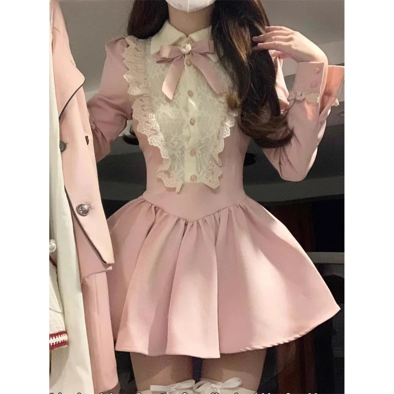 

Fairy Sweet Peter Pan Collar Bow Dress Women Vintage Patchwork Lace Dresses Y2k Aesthetic Puff Sleeve Party Midi Vestido 2024