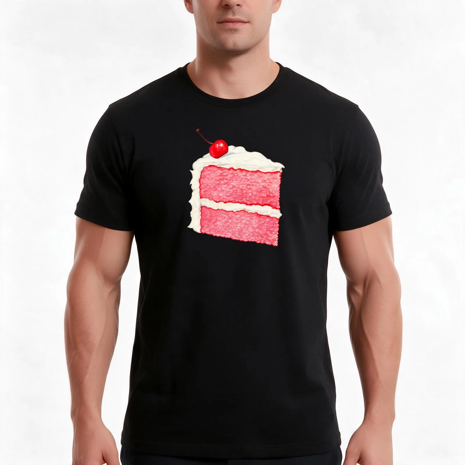 Cherry Cake Slice Pattern - Pink T-Shirt, Summer Casual Cotton Tee, Oversized Streetwear Tops, Vintage Graphic Print