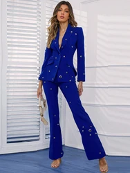 Pantsuits for Women Hollow Newest Designer Fashion White Suit Set Wedding Single Button Rivet Eyelet Lapel Blazer Pants 2pcs Set