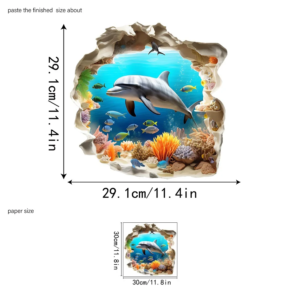 3D Dolphin Ocean Wall Decals Removable 3D Breakthrough Wall Stickers Tropical Sea Beach Wall Art Decor for Bedroom Bathroom