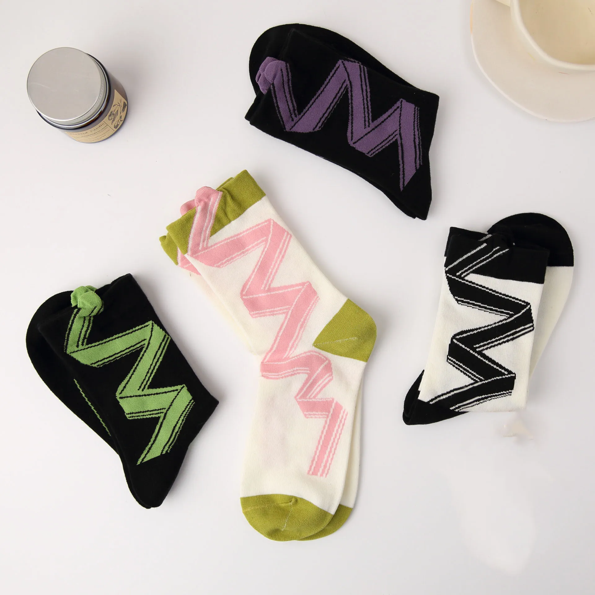 4 Pairs Women's Socks Set Stereoscopic Funny Curved Stripes French Style Mid Tube Socks Fashion Versatile Trendy Mid Tube Socks