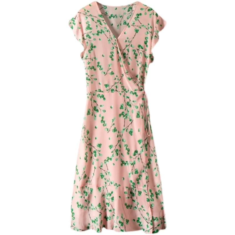 Vestido Midi de Seda con Estampado, Cintura Ajustable con Cinturón, Estilo Casual, Corte en A, Cuello en V, Manga Corta