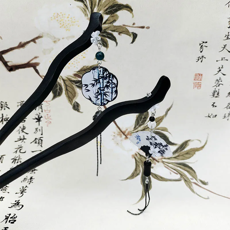 

Аксессуар для волос в китайском стиле, покраска тушью, подвеска в форме веера в форме листа бамбука, кисточка, холодный и элегантный головной убор-шпилька.