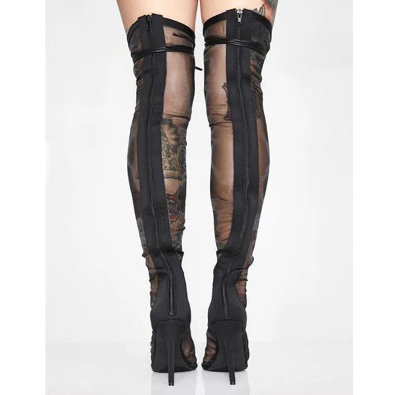 sexy gossamer lace mesh patchwork Thigh Boots peep Toe cross tie Sandals Boots high heel Party Shoes Woman Mesh over knee boots