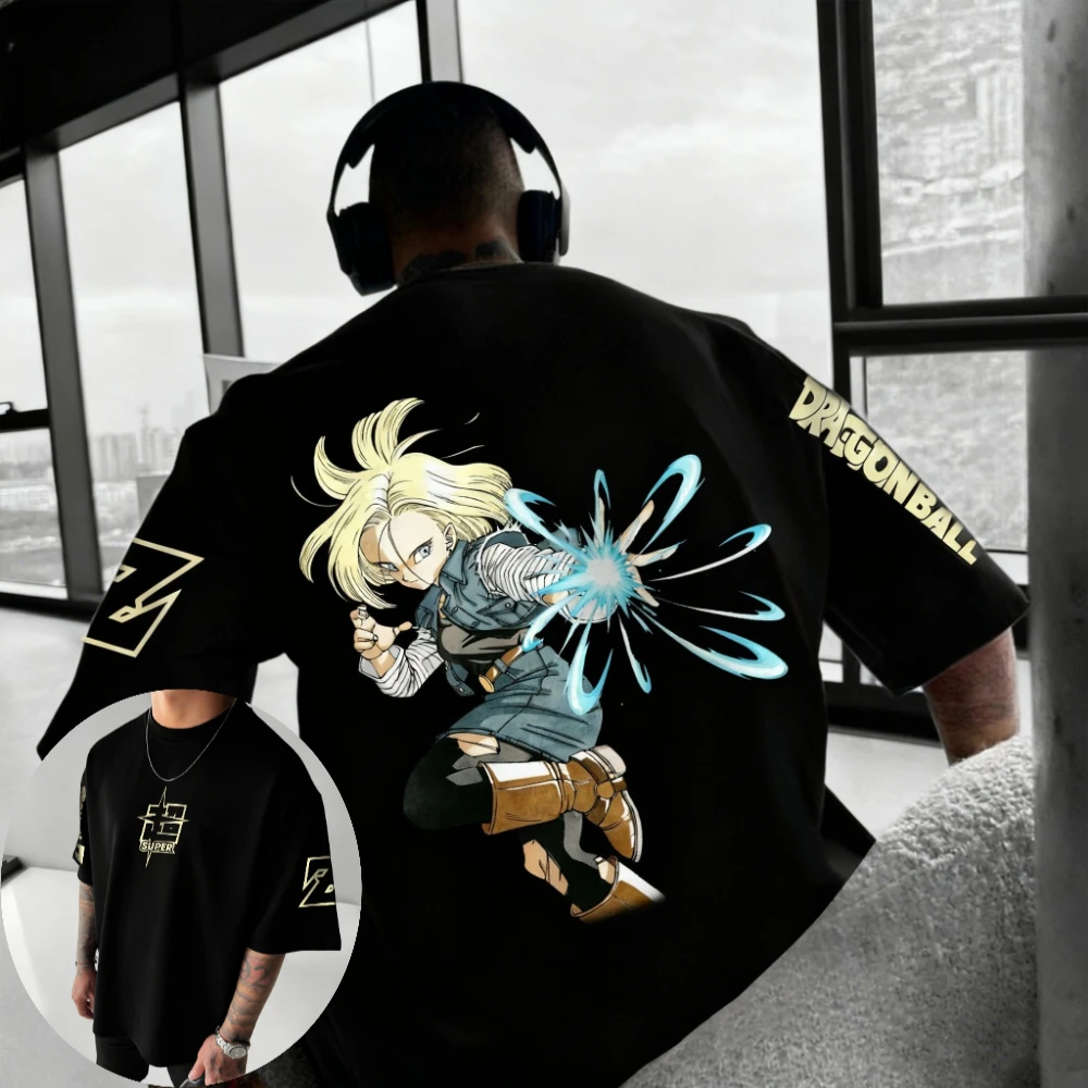 dragon-ball-camiseta-masculina-e-feminina-android-18-anime-solto-camiseta-verao-e-primavera-menino-manga-curta-roupas-pai-filho