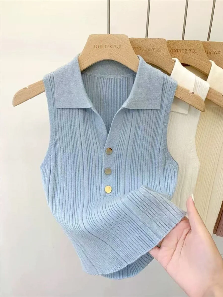 

Элегантный вязаный жилет с пуговицами и лацканами для женщин, весенне-летний топ без рукавов в французском стиле, облегающий топ, универсальная однотонная футболка
