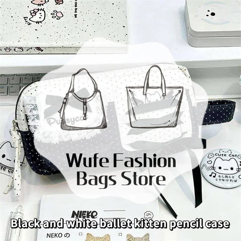 Cute Kitten Pencil Case With Lace Bow Details And Large Capacity Perfect For School Students Office Daily Stationery Storage