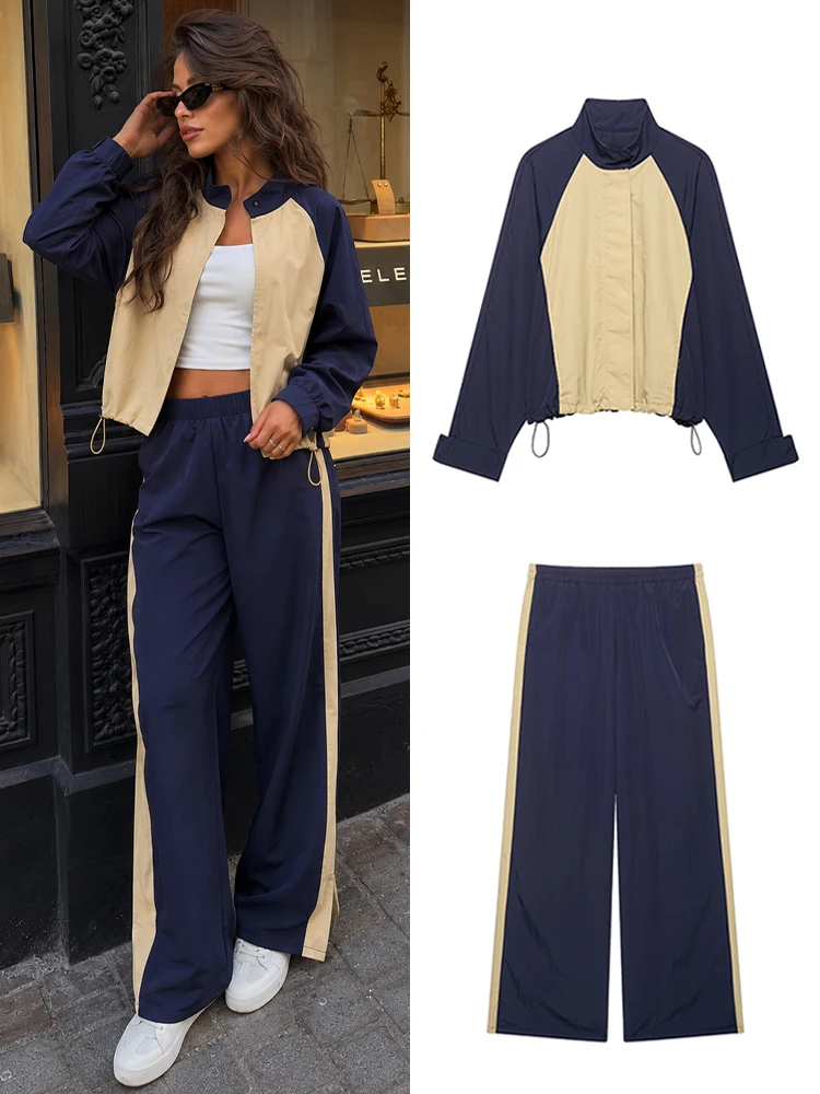 Conjunto Deportivo Vintage de 2 Piezas para Mujer HH, Chaqueta Casual con Cuello Alto y Pantalones Largos de Pierna Ancha con Cintura Elástica, Ropa para Regreso a Clases