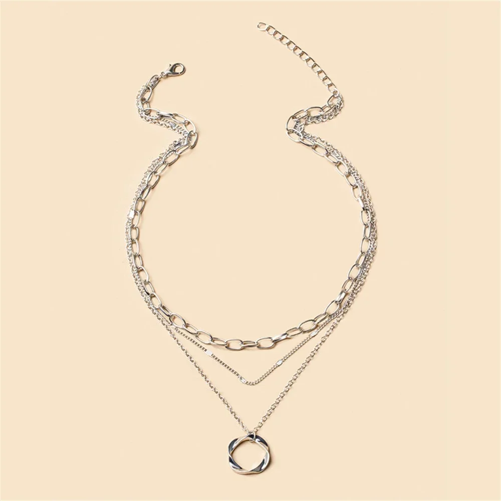 FSUNION New Gold Color Multi Layered Chains Necklace for Women Girls Circle Pendant Vintage Necklaces Fashion Jewelry 2025 Gifts