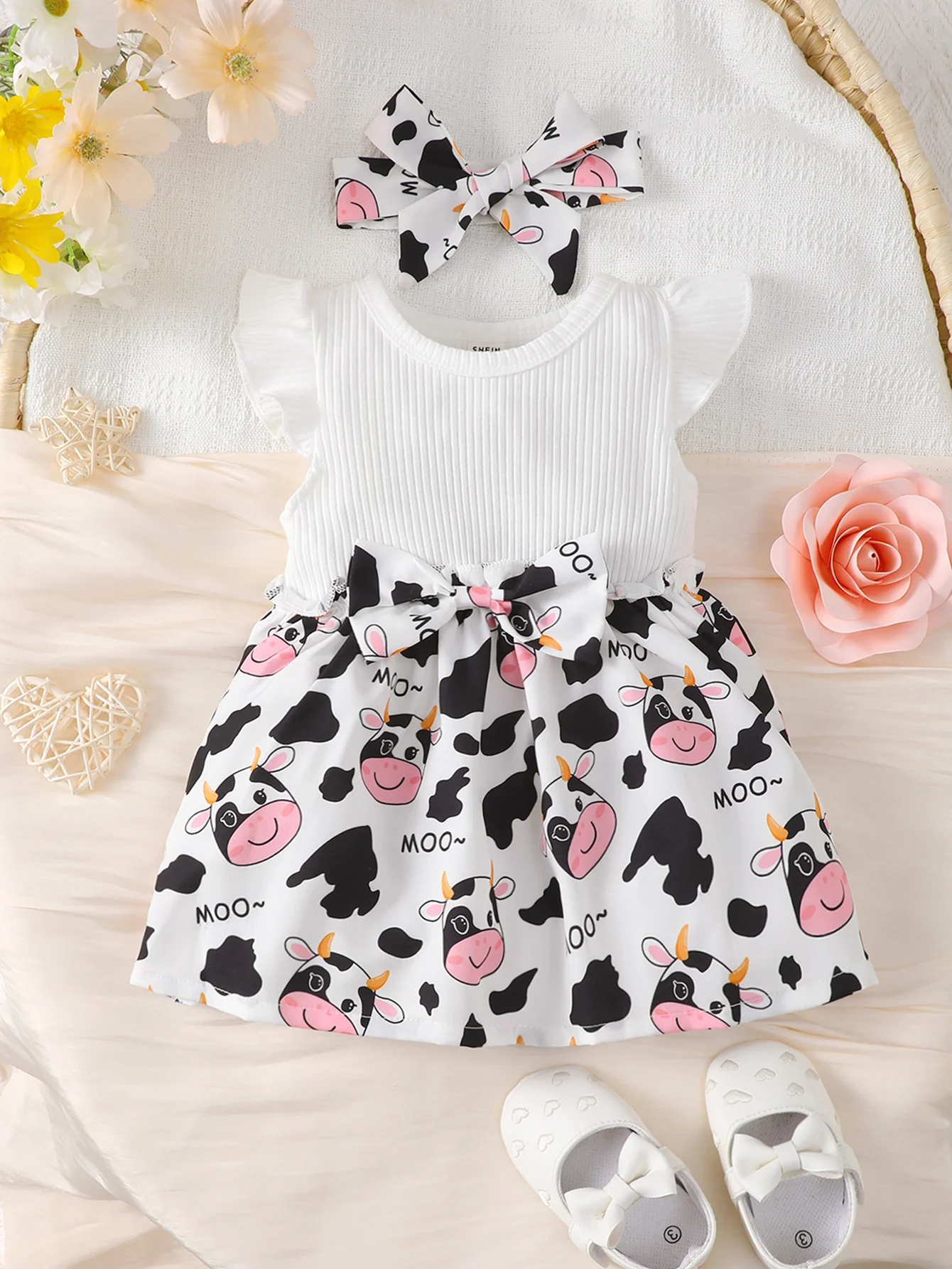 White Cute Cartoon Cow Set Dress Baby Girl Dress Bow Hair Band Skin Friendly Round Neck Flying Sleeve Mosaic Design Lively Skirt