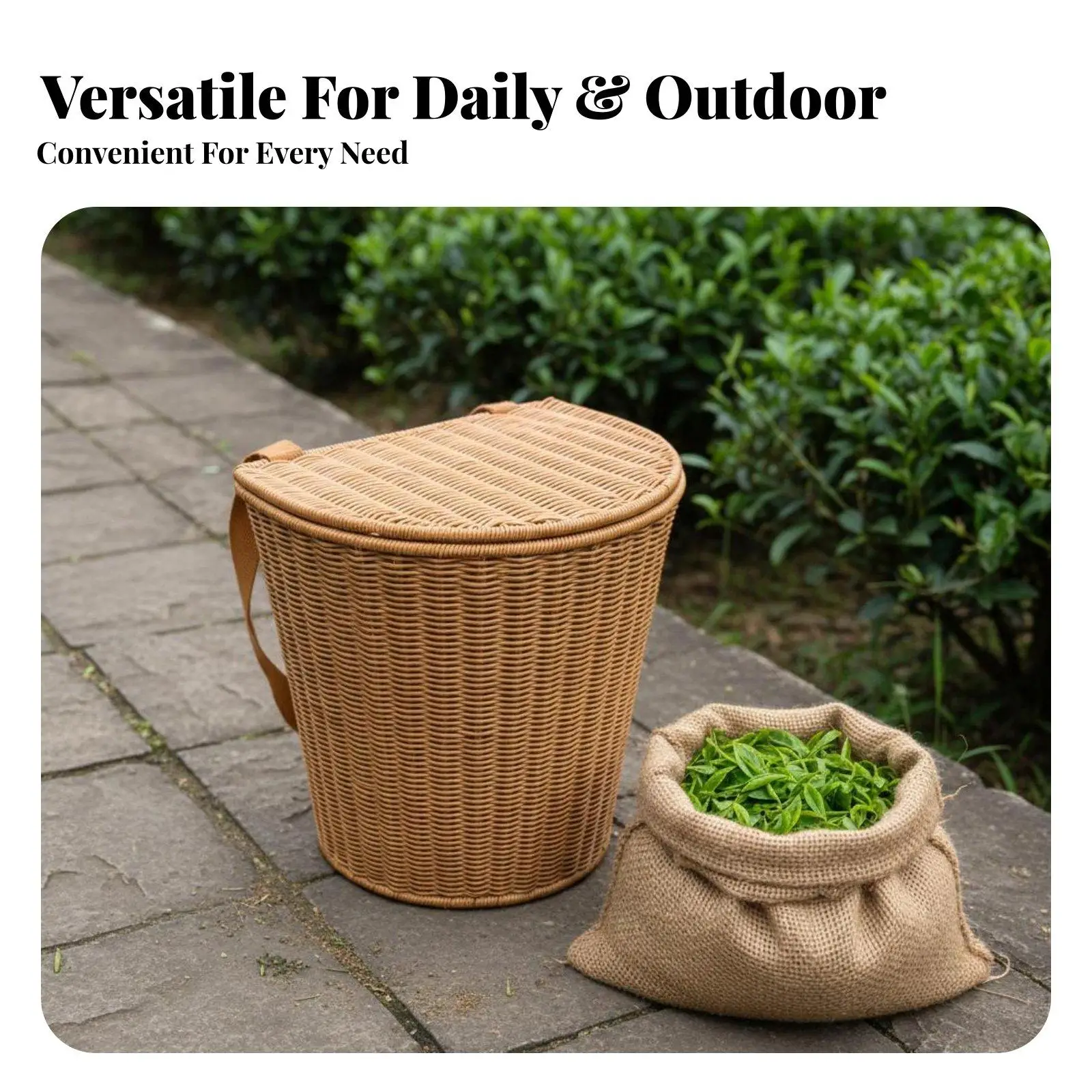 Woven Basket with Lid Heavy Load Shopping Basket Organizer Rattan Design Storage Basket for Picnic Groceries Produce
