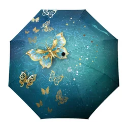 Golden Butterfly Beautiful Flower Art Creative Umbrella Rain Women Manual Three Folding Umbrellas Windproof Parasol Umbrella