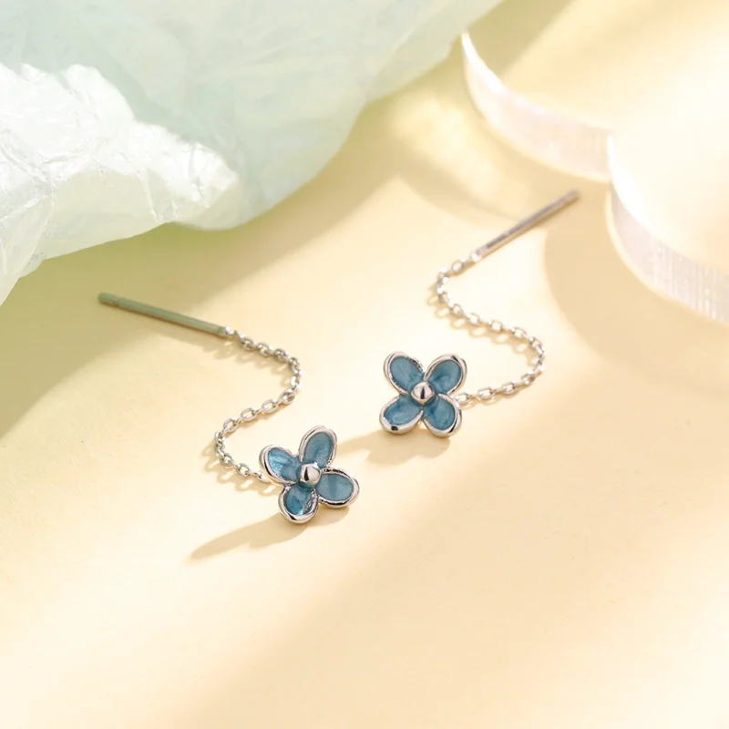 Fashion Blue Four-leaf Flower Ear Line Gentle Temperament New Small Fresh Blue Lucky Flower Tassel Earrings Jewelry