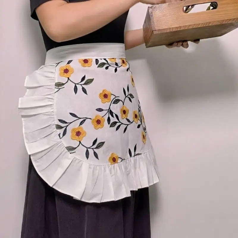 

Короткий фартук для официантки 39BB, фартук с рюшами на талии, полуфартук с цветочной вышивкой для официанта, приготовления