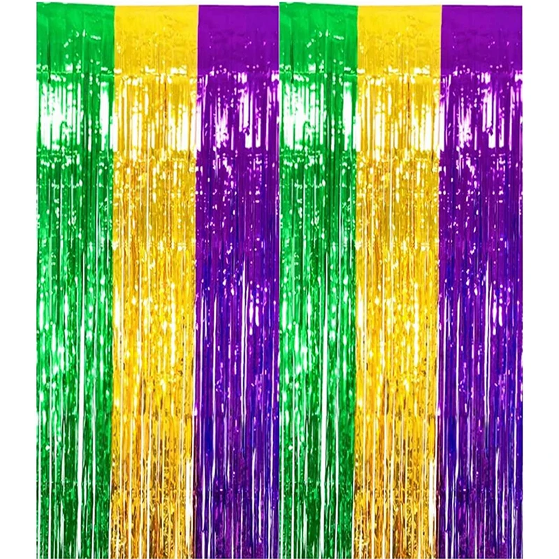 

2Pack Mardi Gras Party Wall Photobooth Props Door Decorations Gold Green Purple Metallic Tinsel Foil Fringe Curtains Background