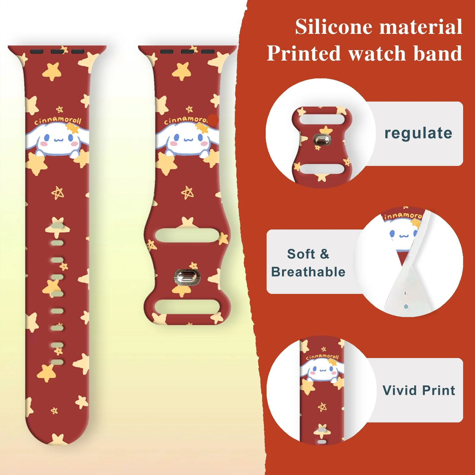 Sanrio pulseira de impressão série preta para apple watch 11 10 9 8 se pulseira de silicone substituível para iwatch 46mm 42mm 41mm 40mm