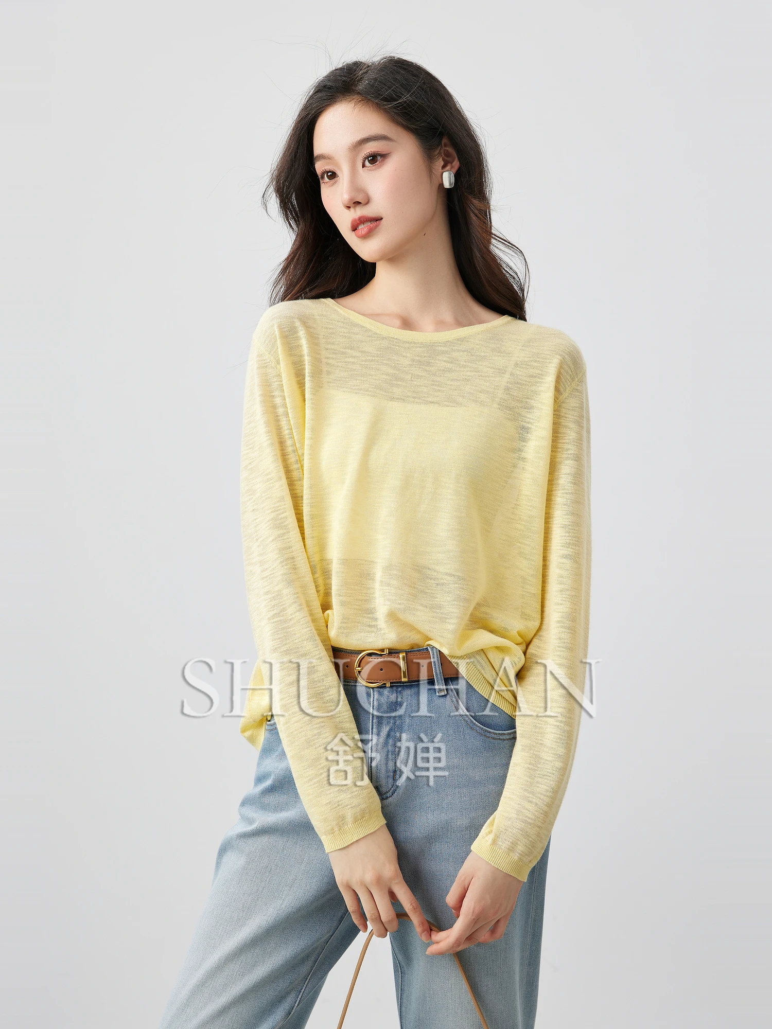 

Good Quality, The Air Feels Cool, Loose and Simple Knitted Thin Blouse 25 Summer Round Neck Wide Relaxation Pullover