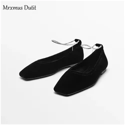 Mrxmus Dutit Brand Velvet Flat Bottomed Square Toe Single Shoes Shallow Mouth Rhinestone Decorative Ballet Shoes