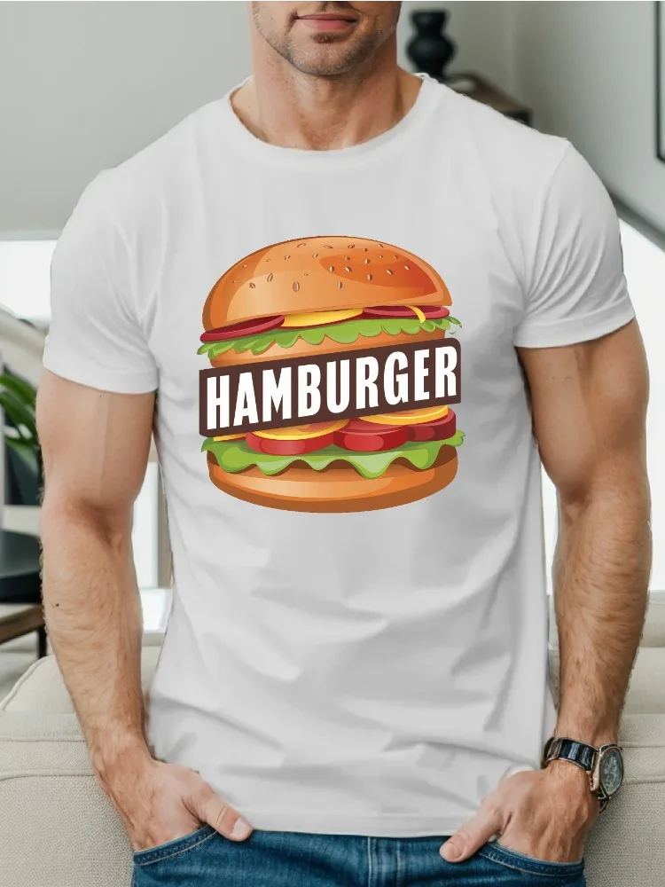 Men Casual Cotton Short Sleeve T Shirt Vivid Hamburger Burger Print Crew Neck Food Enthusiast Urban Daily Leisure Outfit Tee