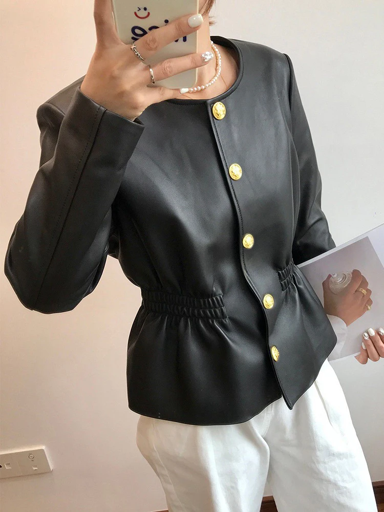 High Quality Small Fragrance Pu Faux Leather Short Jacket Women Vintage Loose Coat Single Breasted Outwear