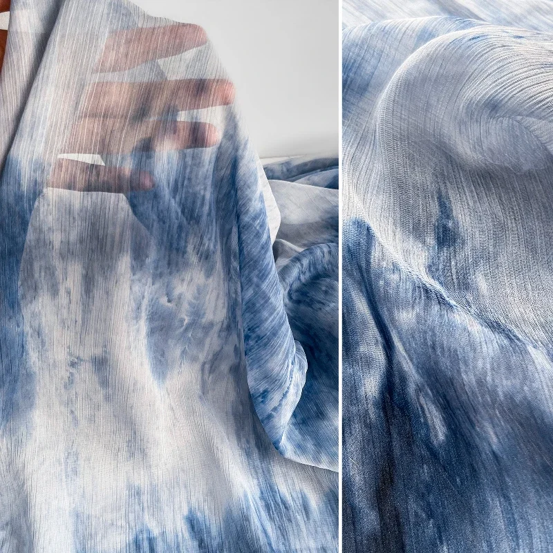 Wave Blue and White Tie Dye Fabric  Light and Thin Stir Fried Texture Chinese Style Dress Gift Clothing Designer Fabric