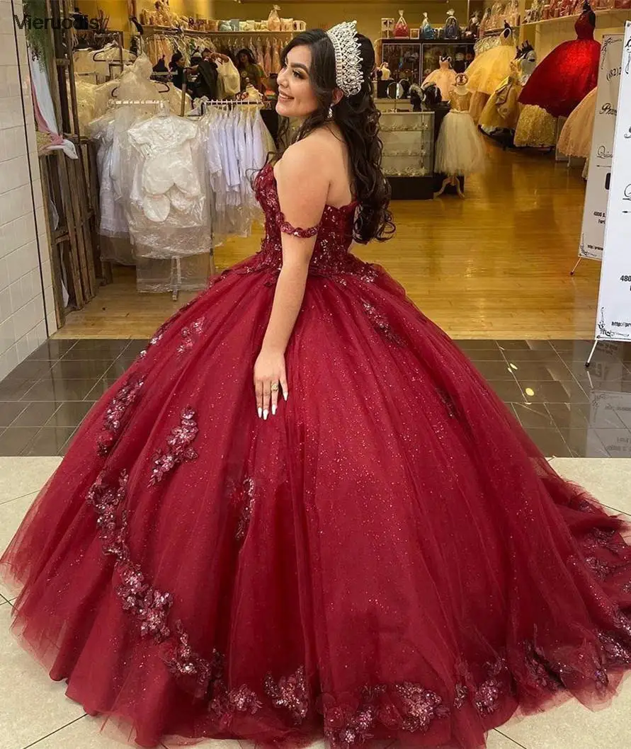 فساتين Quinceanera مكشوفة الكتف باللون العنابي ترتر لامع لمدة 15 عامًا فستان حفلة مثير بدون ظهر للفتيات الطويلات #2