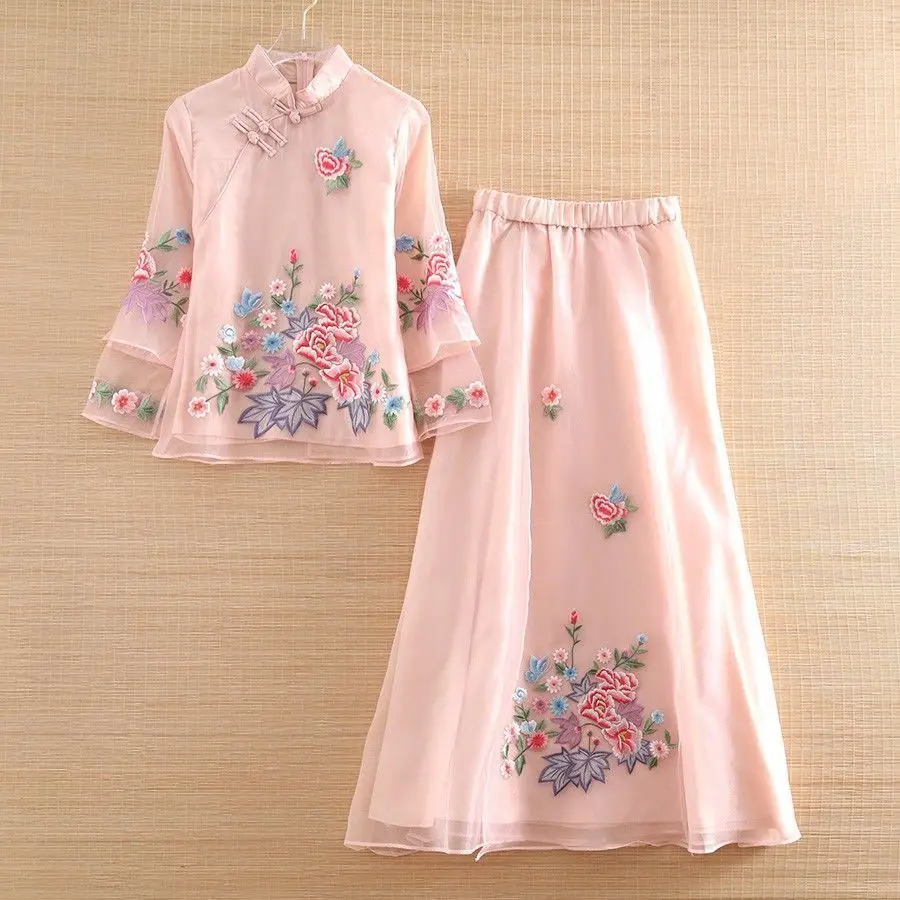 

National style suit 2023 heavy industry embroidery cheongsam style jacket half a skirt two-piece set