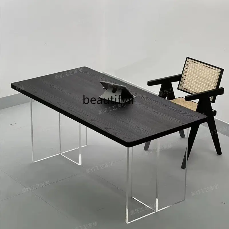 

zq Carbonized Black Solid Wood Dining Table Desk Tea Table Ash Acrylic Suspension Large Board Table